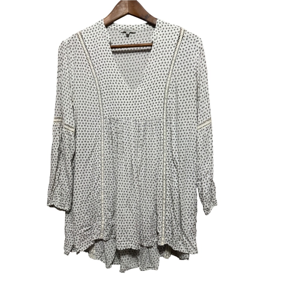 Jodifl Tunic Blouse Women Small White Navy Boho Crochet Lace High Low Excellent